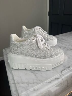 Casadei Cream and Silver Sequin Sneakers